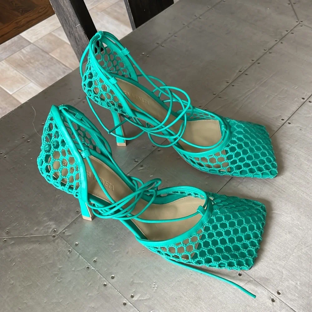 bottega veneta turquoise stretch web sandal pump sz 39